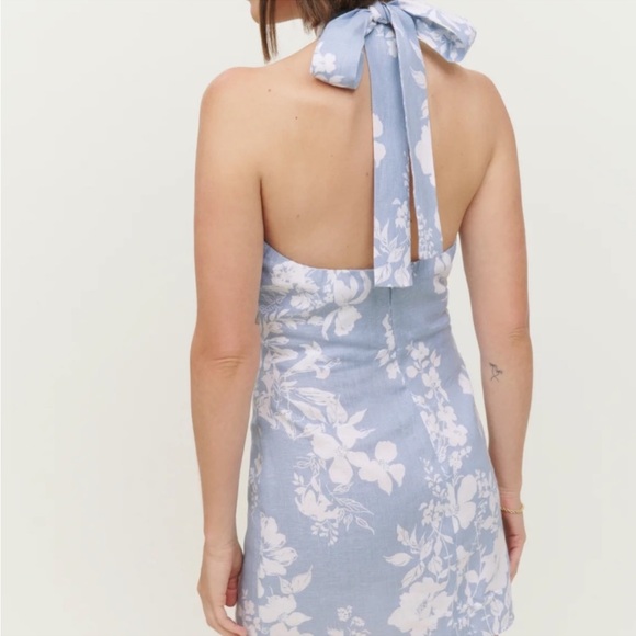Reformation Samira Mini Dress Size 8 100% Linen Floral Halter Neck Backless - Picture 3 of 11